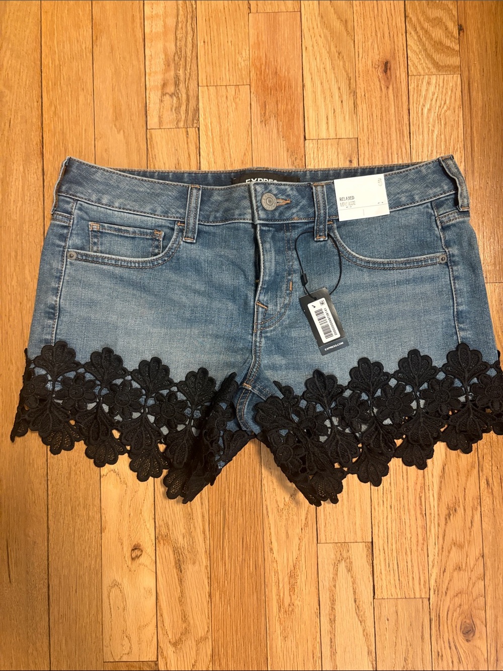 Express Light Blue Denim Shorts with Black Floral Lace Trim